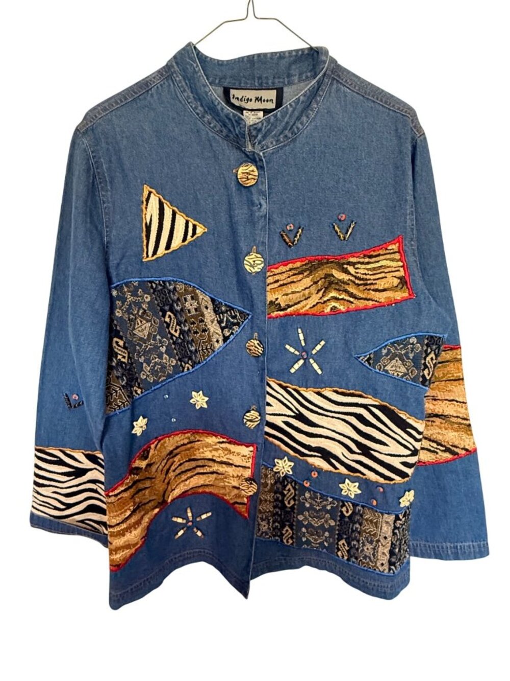 Indigo Moon Denim Jacket Blue with Animal Print and Beads Womans M